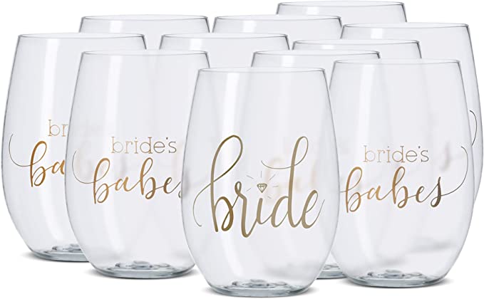 11 Piece Set - Bride & Bride's Babes Stemless Plastic Wine Glasses,