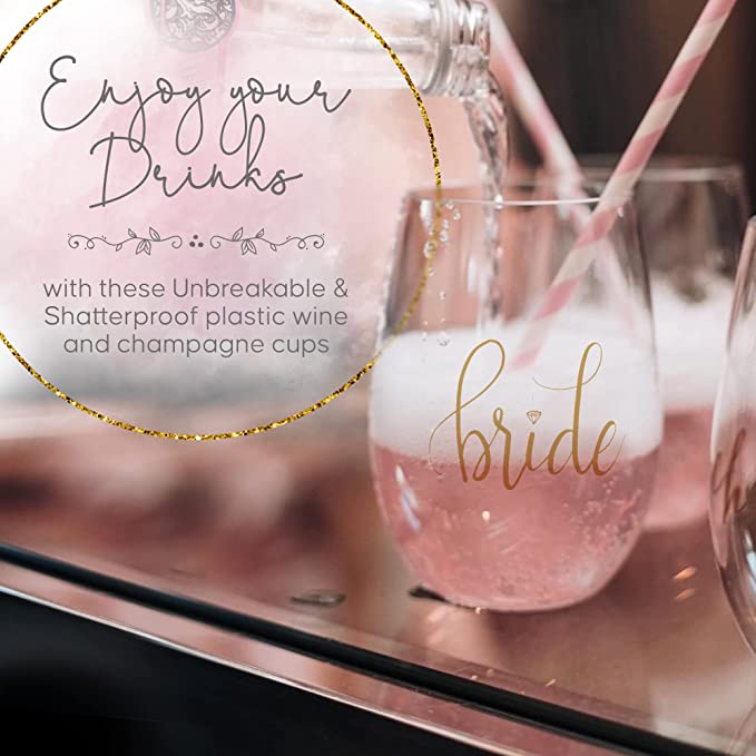 11 Piece Set - Bride & Bride's Babes Stemless Plastic Wine Glasses,