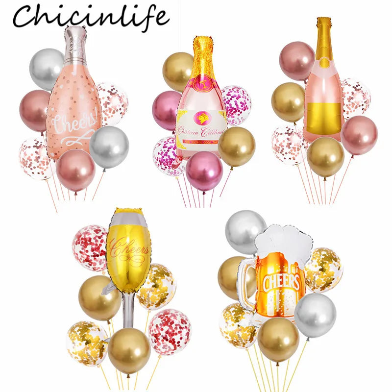 7Pcs Wine Bottle Foil Balloons Birthday Party Decor Confetti Latex