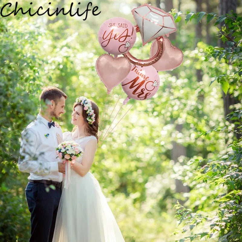 5Pcs Diamond Ring Heart Foil Balloons Wedding Party Decor Bridal