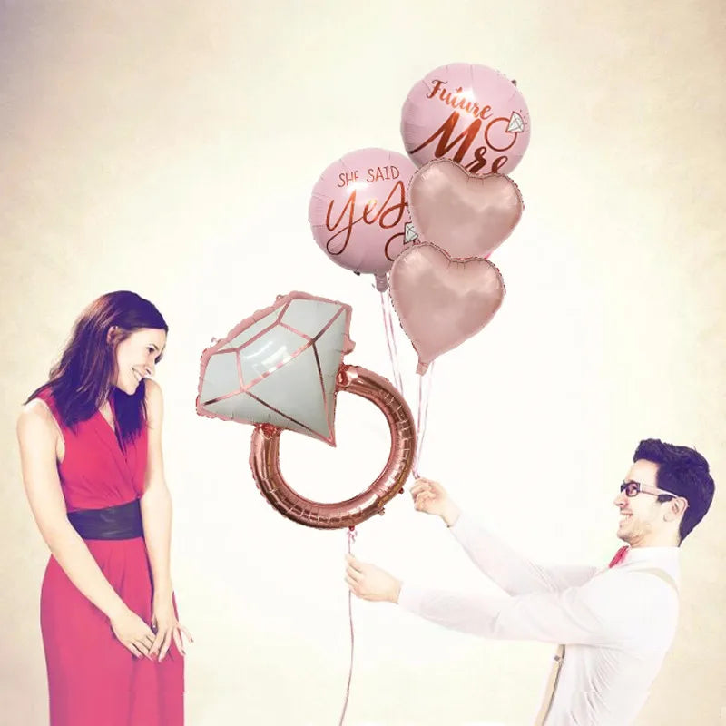 5Pcs Diamond Ring Heart Foil Balloons Wedding Party Decor Bridal