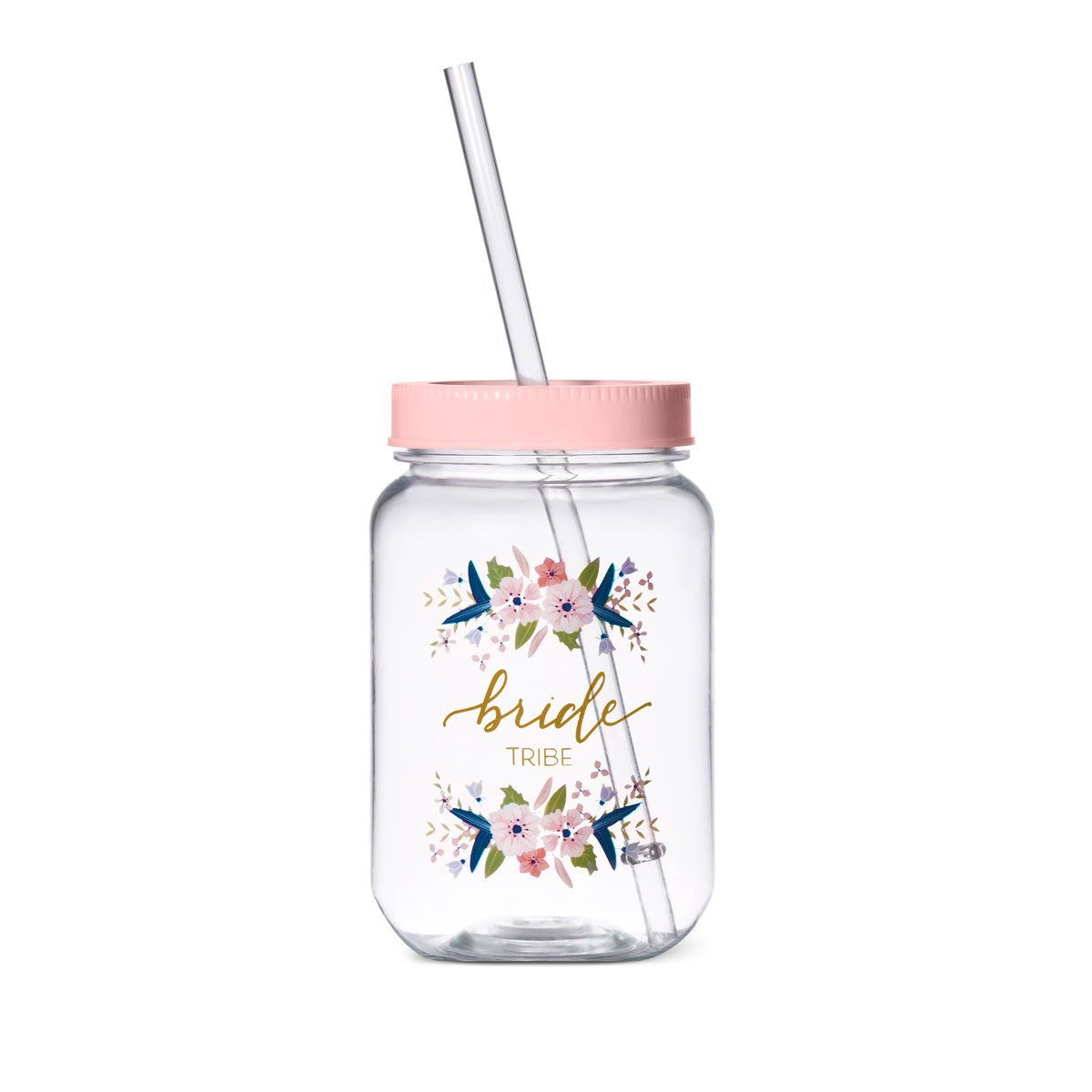 16 oz. Bride Plastic Mason Jar in Pink and Gold Calligraphy