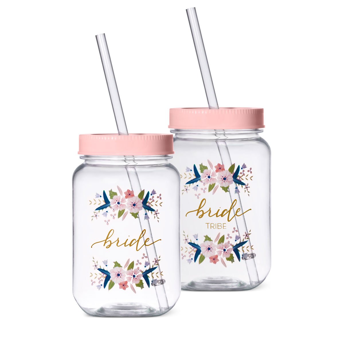 16 oz. Bride Plastic Mason Jar in Pink and Gold Calligraphy
