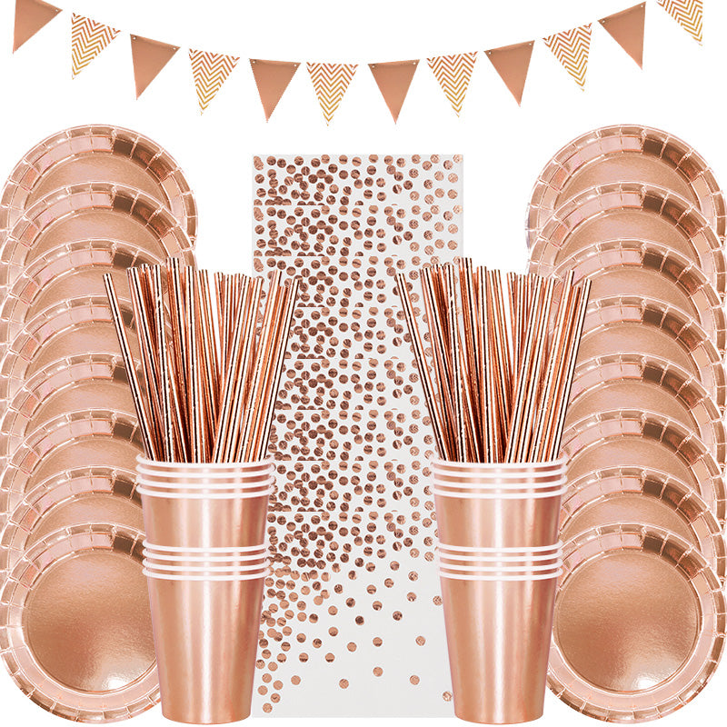 Rose Gold Party Disposable Tableware Set Paper Plate Cup Kids Adult