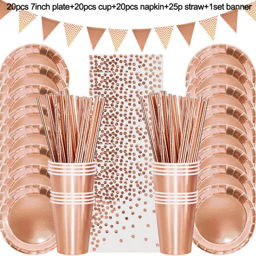 Rose Gold Party Disposable Tableware Set Paper Plate Cup Kids Adult