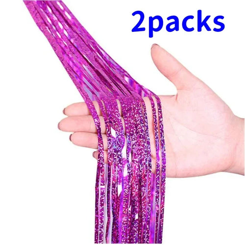 2Pack 2X1M Glitter Party Backdrop Metallic Foil Tinsel Fringe Curtain