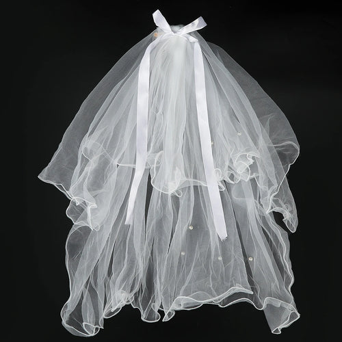 White Tulle Bow Veil Hairpin Pearls Wedding Bachelorette Hen Party