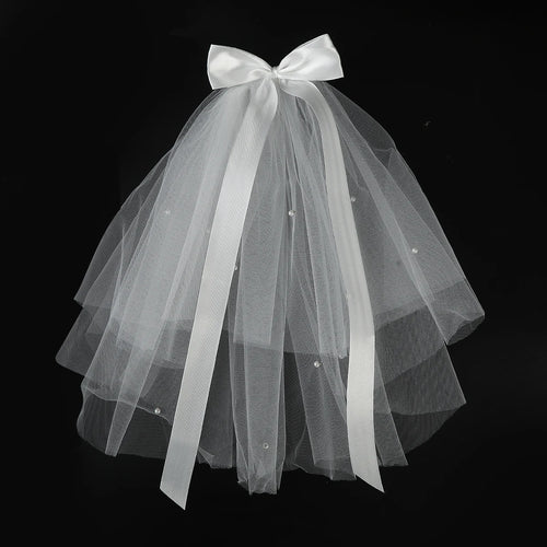 White Tulle Bow Veil Hairpin Pearls Wedding Bachelorette Hen Party