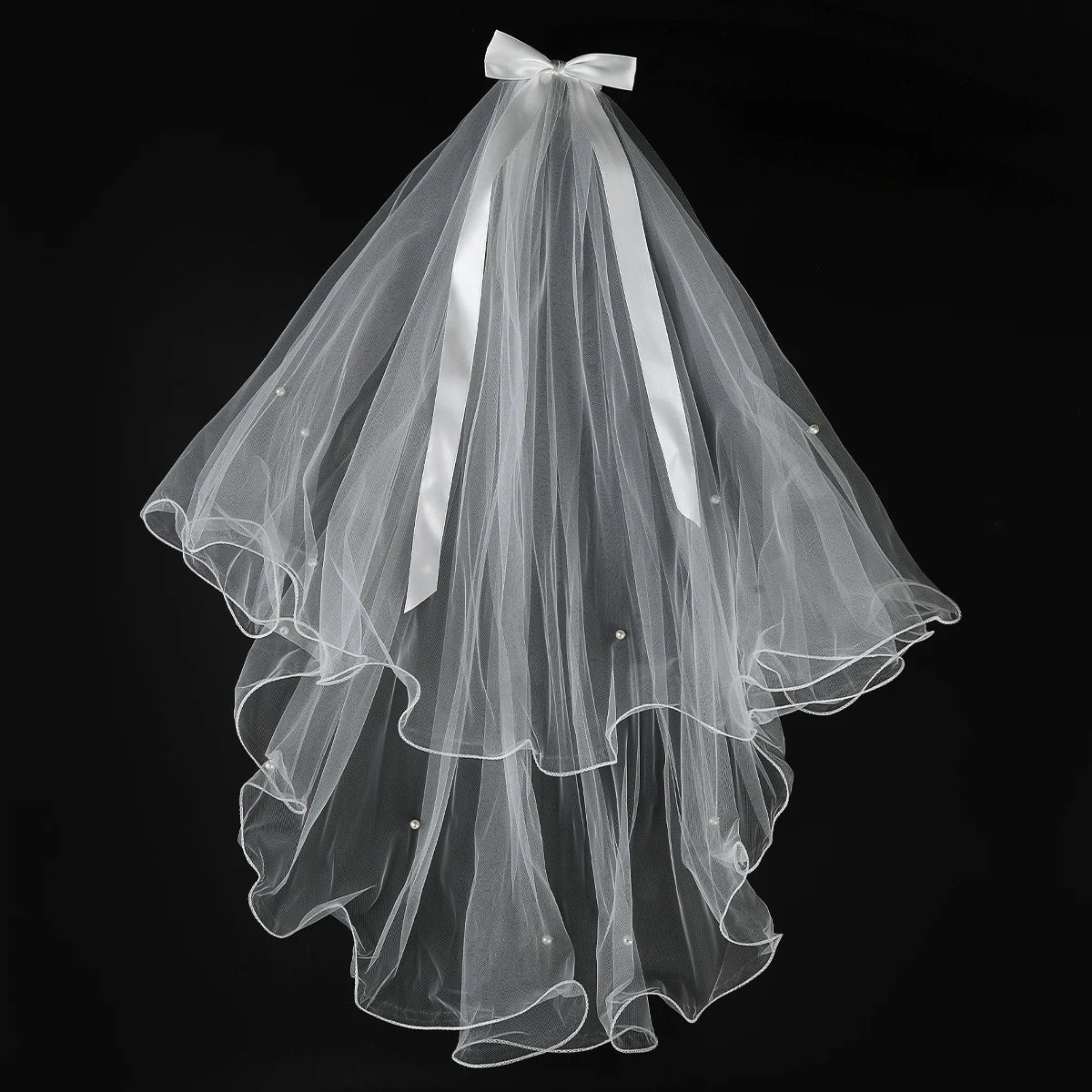 White Tulle Bow Veil Hairpin Pearls Wedding Bachelorette Hen Party