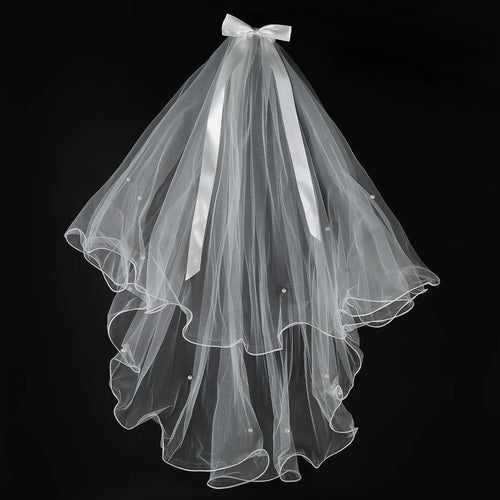 White Tulle Bow Veil Hairpin Pearls Wedding Bachelorette Hen Party