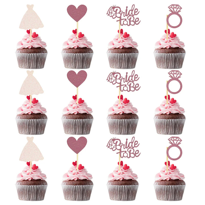 12pieces Rose Gold Glitter Bride To Be Wedding Gown Cupcake Topper