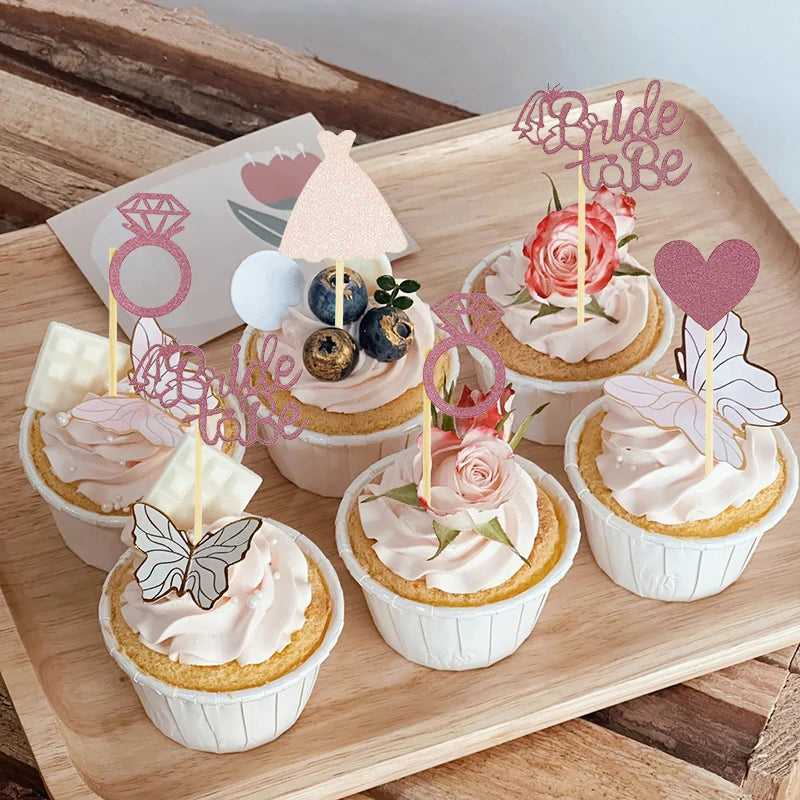 12pieces Rose Gold Glitter Bride To Be Wedding Gown Cupcake Topper