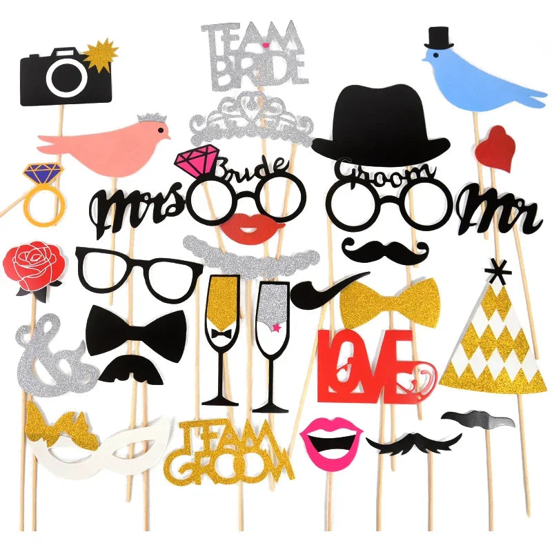 Wedding Photo Booth Props Team Bride Mr Mrs DIY Lips Glasses Bridal