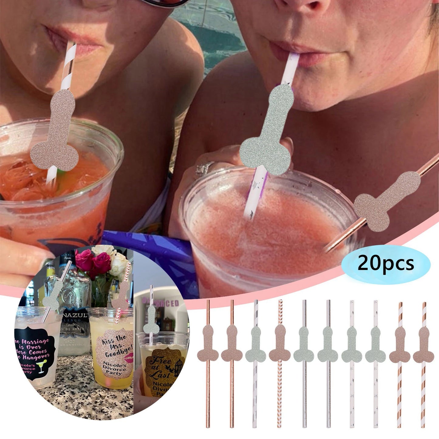 20pcs Bachelorette Party Penis Straws Paper Novelty Nude Dick Drink