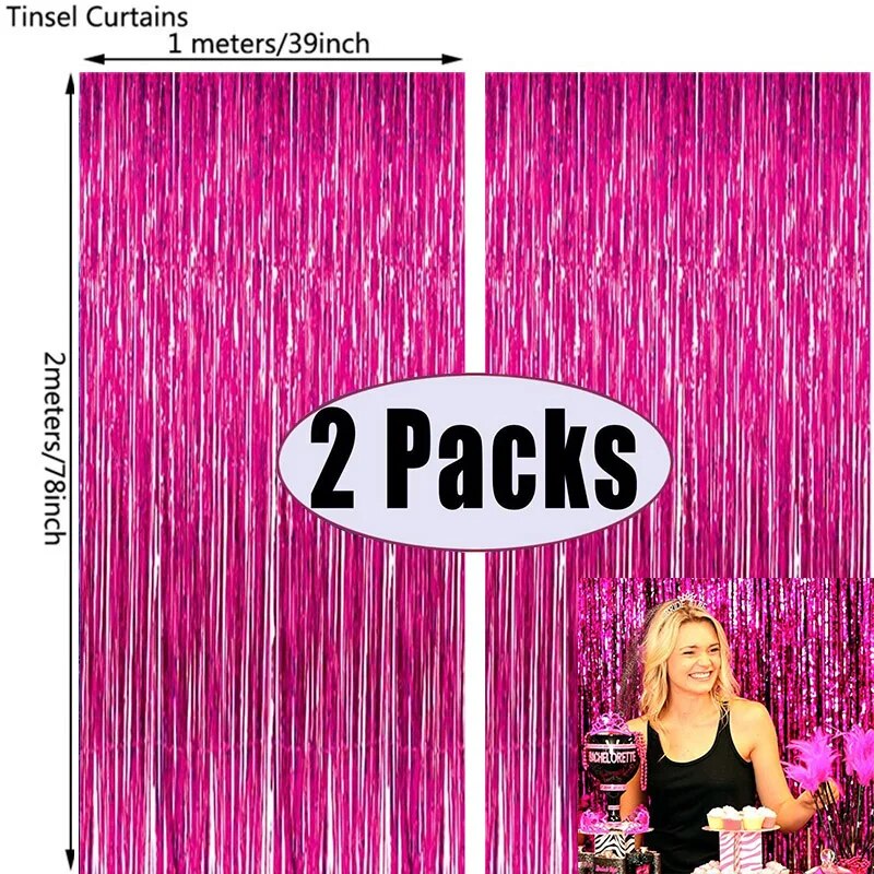 2Pack Rose Pink Metallic Foil Tinsel Fringe Curtain Backdrop Birthday