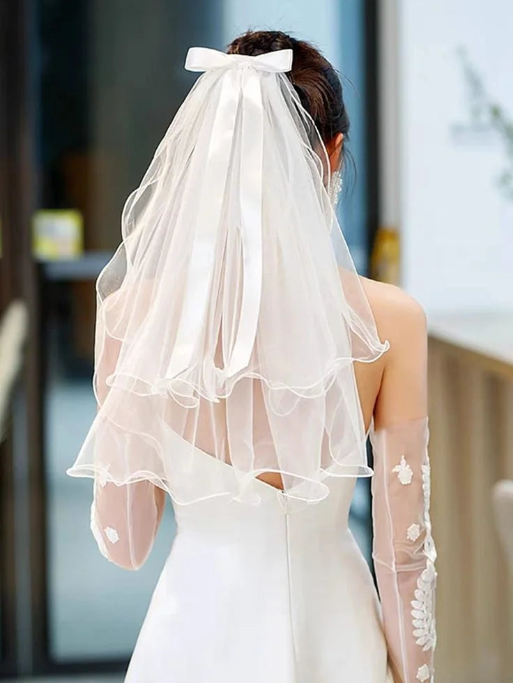 White Tulle Bow Veil Hairpin Pearls Wedding Bachelorette Hen Party