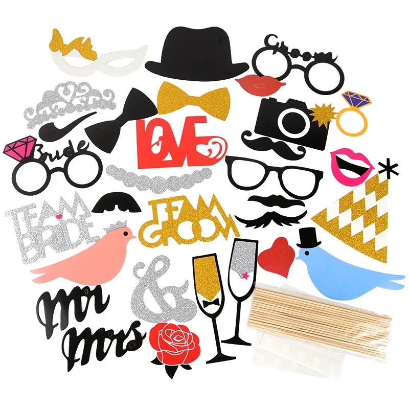 Wedding Photo Booth Props Team Bride Mr Mrs DIY Lips Glasses Bridal