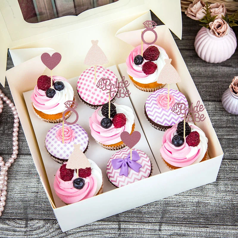 12pieces Rose Gold Glitter Bride To Be Wedding Gown Cupcake Topper