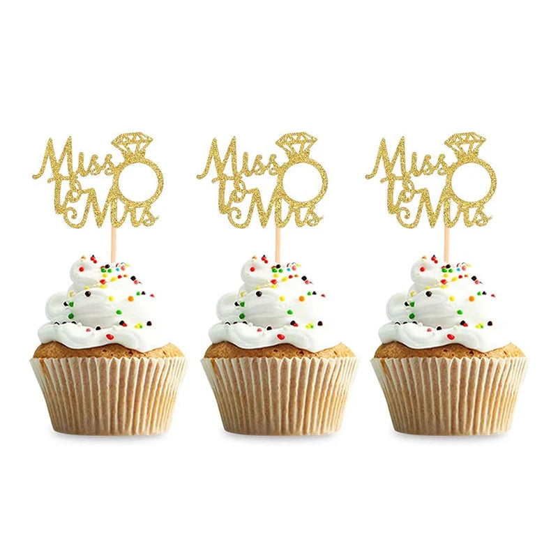 12/24pcs Miss to Mrs Cupcake Toppers Diamond Ring Cakes Topper for