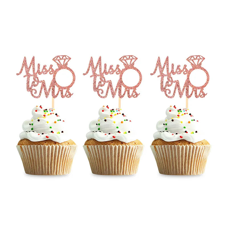 12/24pcs Miss to Mrs Cupcake Toppers Diamond Ring Cakes Topper for