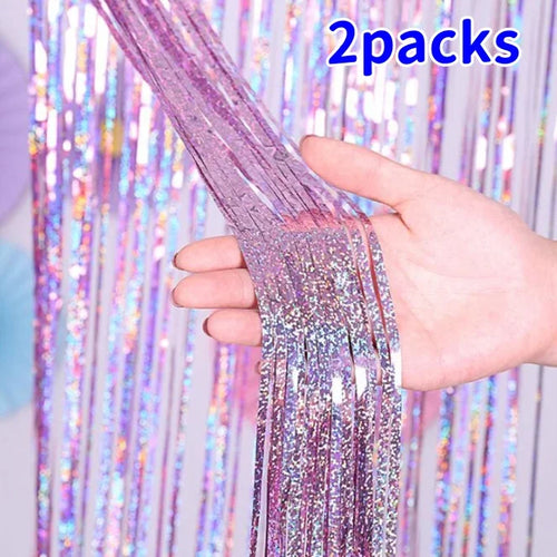2Pack 2X1M Glitter Party Backdrop Metallic Foil Tinsel Fringe Curtain
