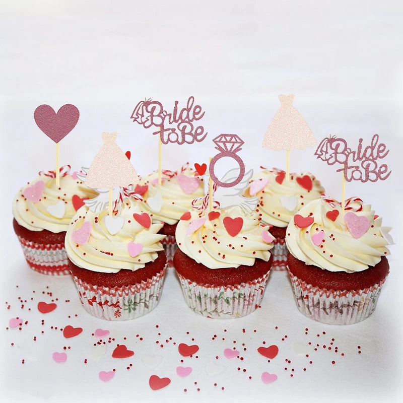 12pieces Rose Gold Glitter Bride To Be Wedding Gown Cupcake Topper