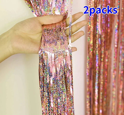 2Pack 2X1M Glitter Party Backdrop Metallic Foil Tinsel Fringe Curtain