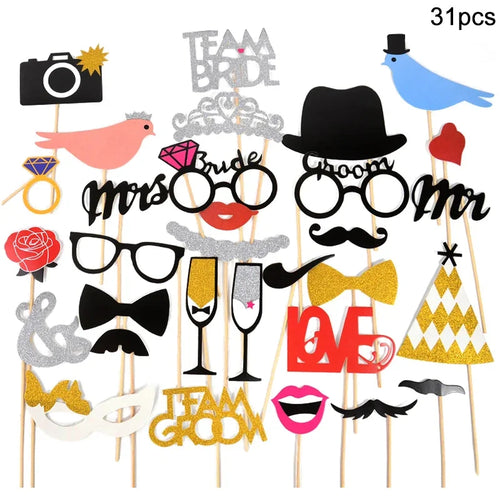 Wedding Photo Booth Props Team Bride Mr Mrs DIY Lips Glasses Bridal
