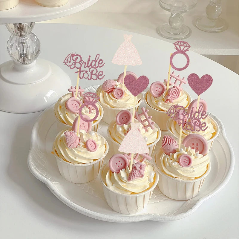 12pieces Rose Gold Glitter Bride To Be Wedding Gown Cupcake Topper