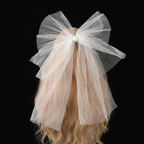 White Tulle Bow Veil Hairpin Pearls Wedding Bachelorette Hen Party