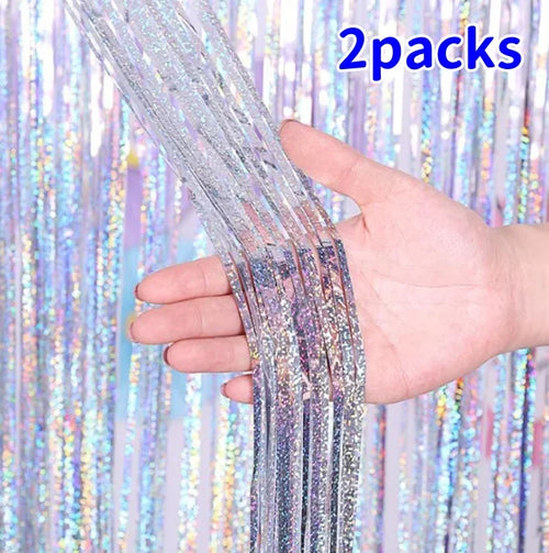 2Pack 2X1M Glitter Party Backdrop Metallic Foil Tinsel Fringe Curtain