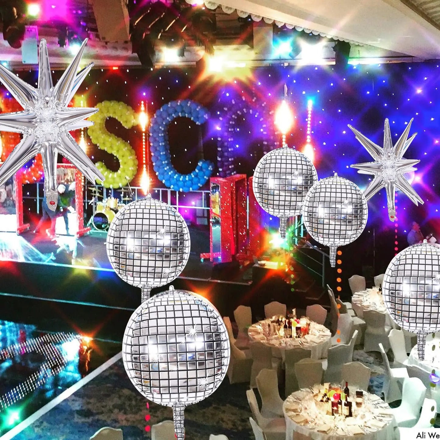 12 Pcs Disco Ball Balloons Silver Explosion Star Aluminum Foil Balloon