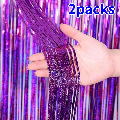2Pack 2X1M Glitter Party Backdrop Metallic Foil Tinsel Fringe Curtain