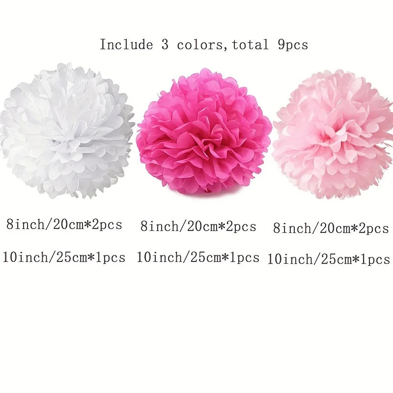9pcs Vibrant Paper Pom Poms Flowers - Decorative Garland for Wedding,