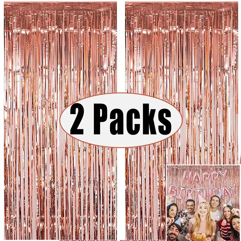 2Pack Rose Pink Metallic Foil Tinsel Fringe Curtain Backdrop Birthday