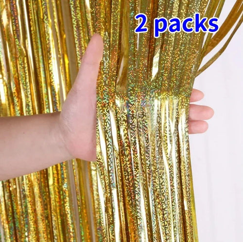 2Pack 2X1M Glitter Party Backdrop Metallic Foil Tinsel Fringe Curtain