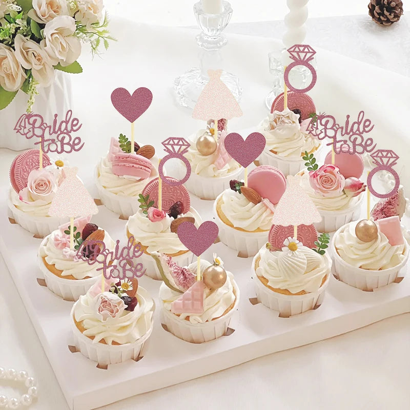 12pieces Rose Gold Glitter Bride To Be Wedding Gown Cupcake Topper