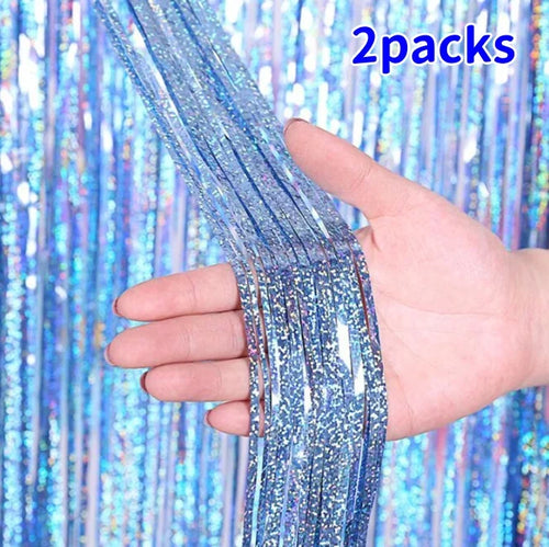 2Pack 2X1M Glitter Party Backdrop Metallic Foil Tinsel Fringe Curtain