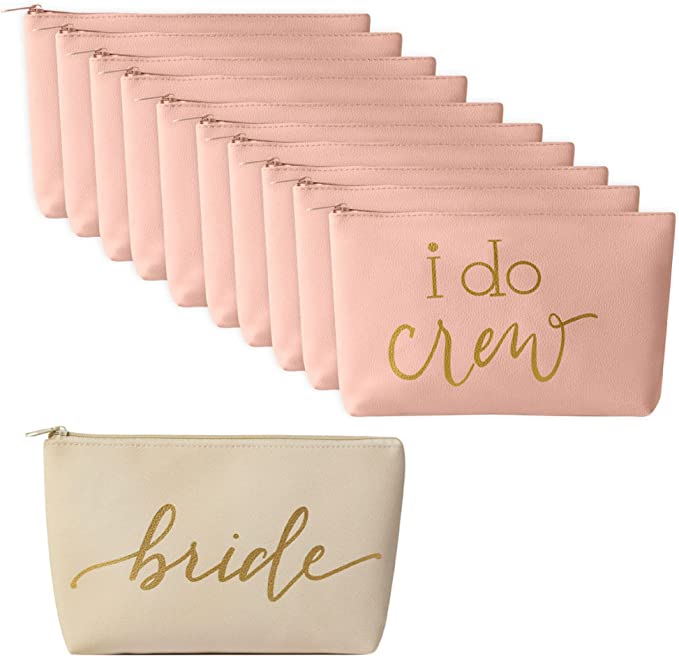 11 Piece Set - Bride & Blush Pink I Do Crew Faux Leather Makeup &