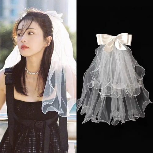 White Tulle Bow Veil Hairpin Pearls Wedding Bachelorette Hen Party