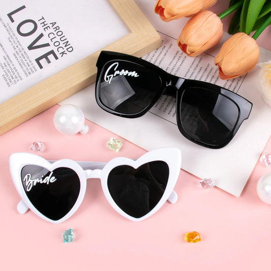 2pcs Bride groom Sunglasses Wedding Decoration Black White Heart