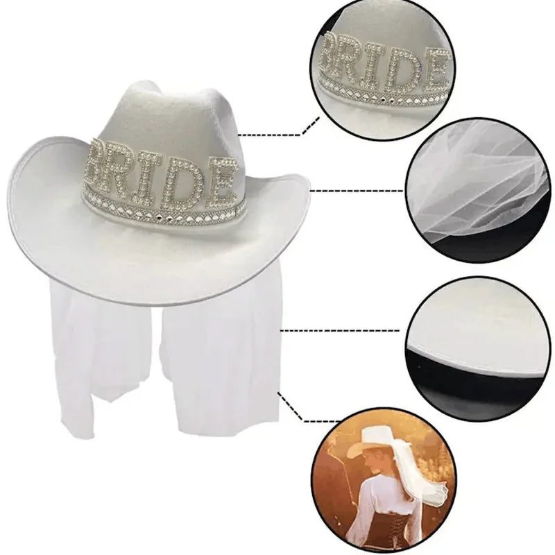 Bride White Cowboy Veil Hat Pearl Rhinestone Wedding Cowgirl Hat Bach