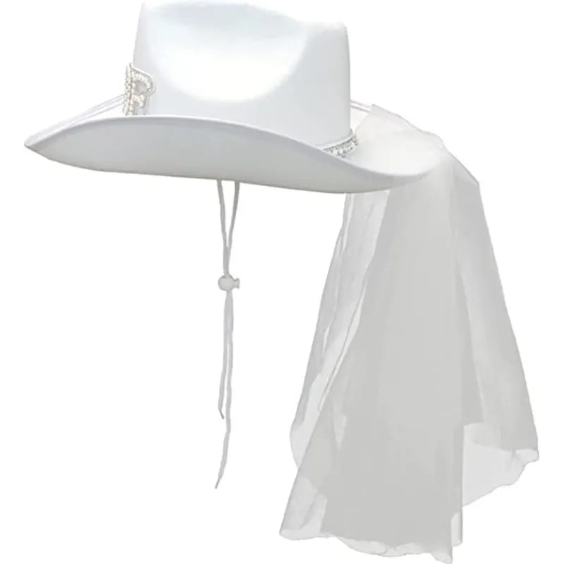 Bride White Cowboy Veil Hat Pearl Rhinestone Wedding Cowgirl Hat Bach