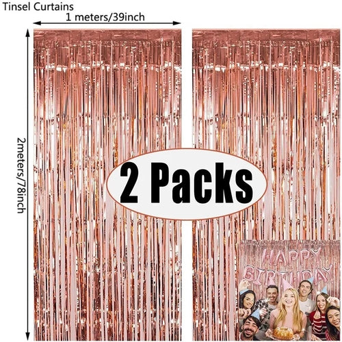 2Pack Rose Pink Metallic Foil Tinsel Fringe Curtain Backdrop Birthday