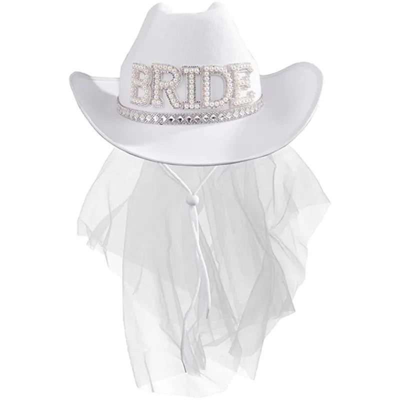 Bride White Cowboy Veil Hat Pearl Rhinestone Wedding Cowgirl Hat Bach