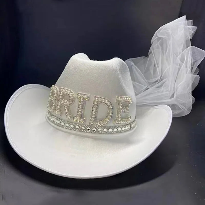 Bride White Cowboy Veil Hat Pearl Rhinestone Wedding Cowgirl Hat Bach