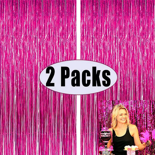 2Pack Rose Pink Metallic Foil Tinsel Fringe Curtain Backdrop Birthday