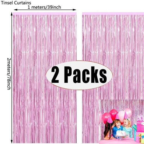 2Pack Rose Pink Metallic Foil Tinsel Fringe Curtain Backdrop Birthday