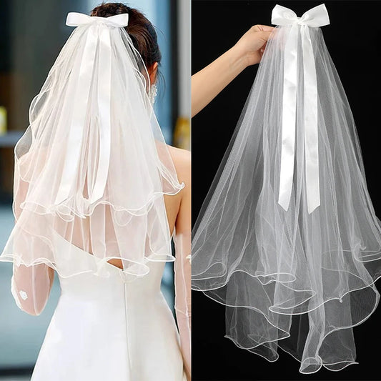 White Tulle Bow Veil Hairpin Pearls Wedding Bachelorette Hen Party